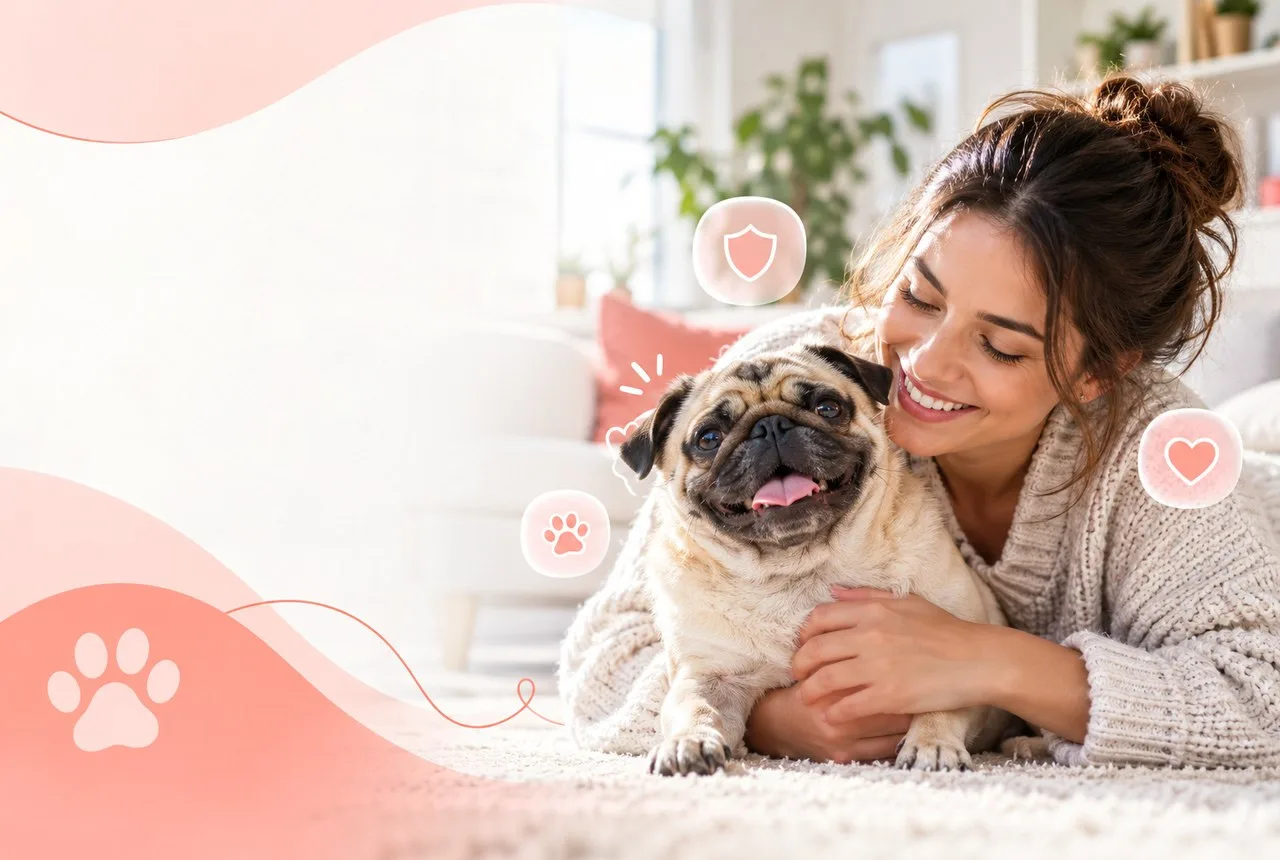 Owner cuddling a small pug in a bright room